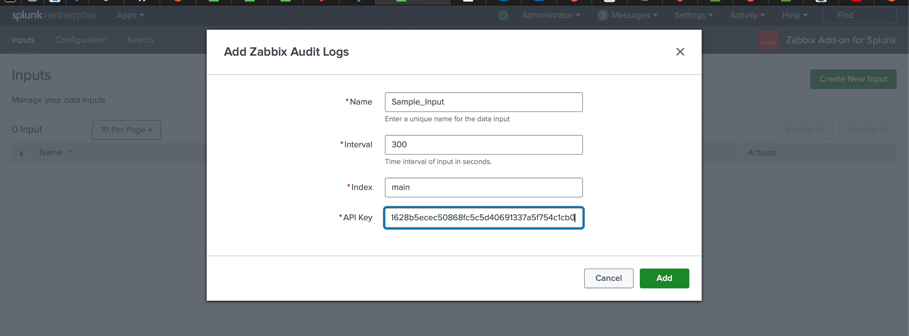 Zabbix Monitoring Add-on for Splunk interface showing host metrics, triggers, and alert data
