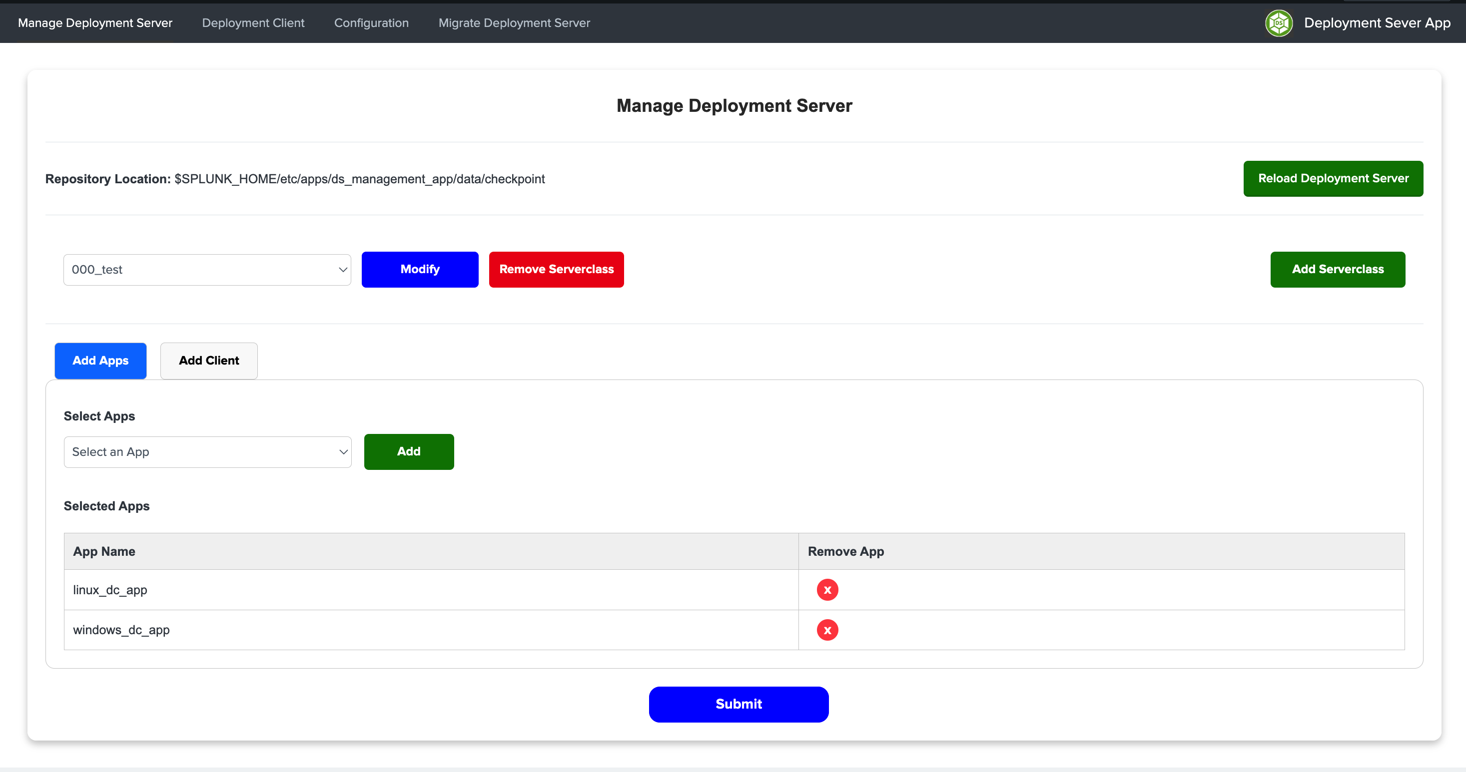 DS Management App screenshot showing Deployment server control