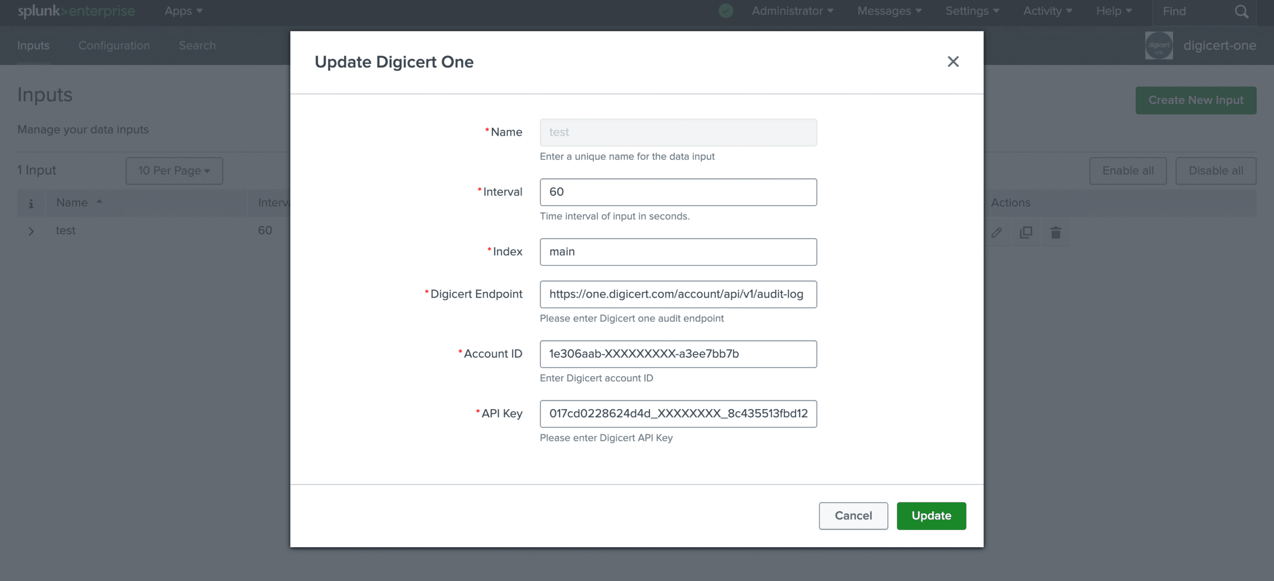 DigiCert ONE Add-On for Splunk dashboard showing certificate inventory, expiry status, and policy findings