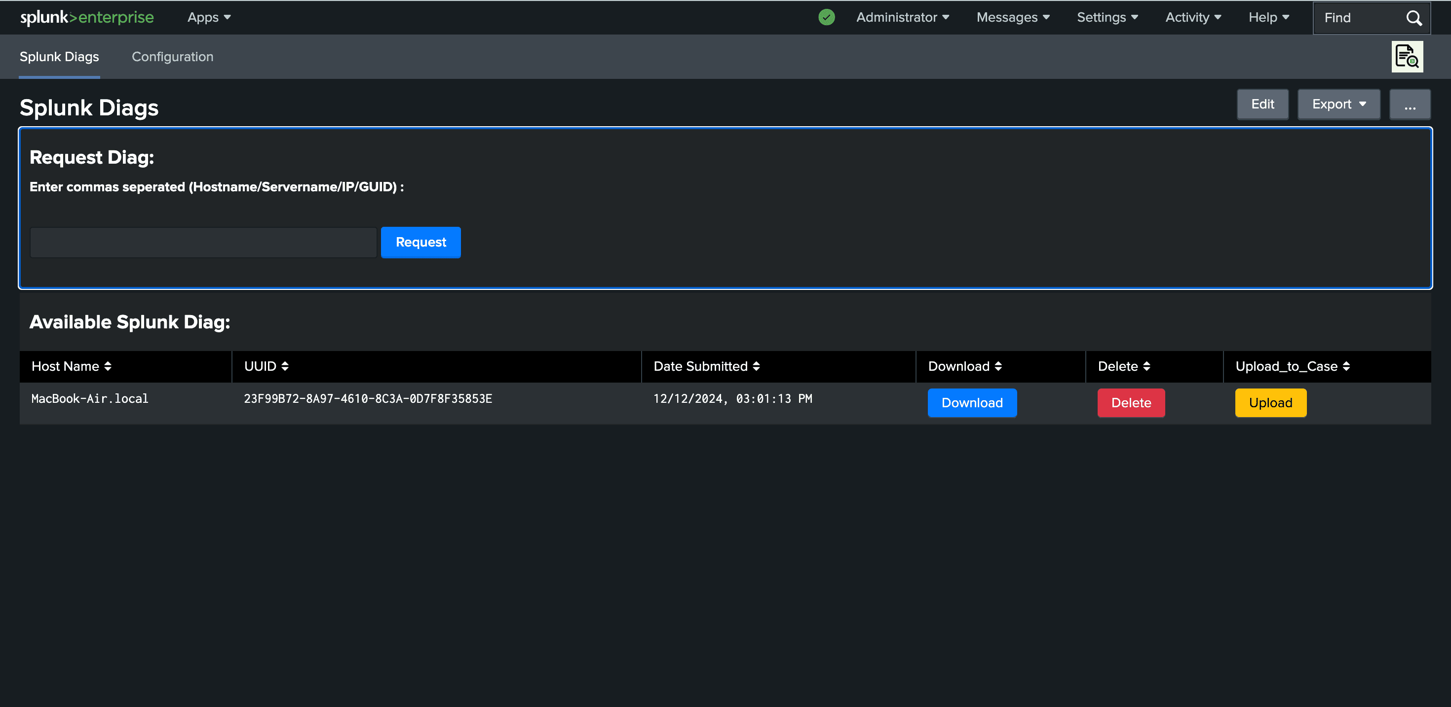 Get Diag App for Splunk interface showing diagnostic bundle selection and instance targeting