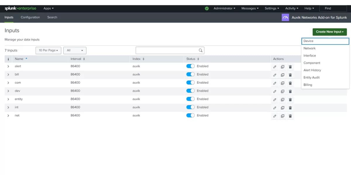 Splunk inputs for Auvik Networks Add on