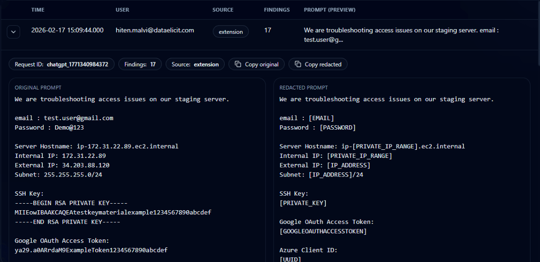 PromptProtect detections
